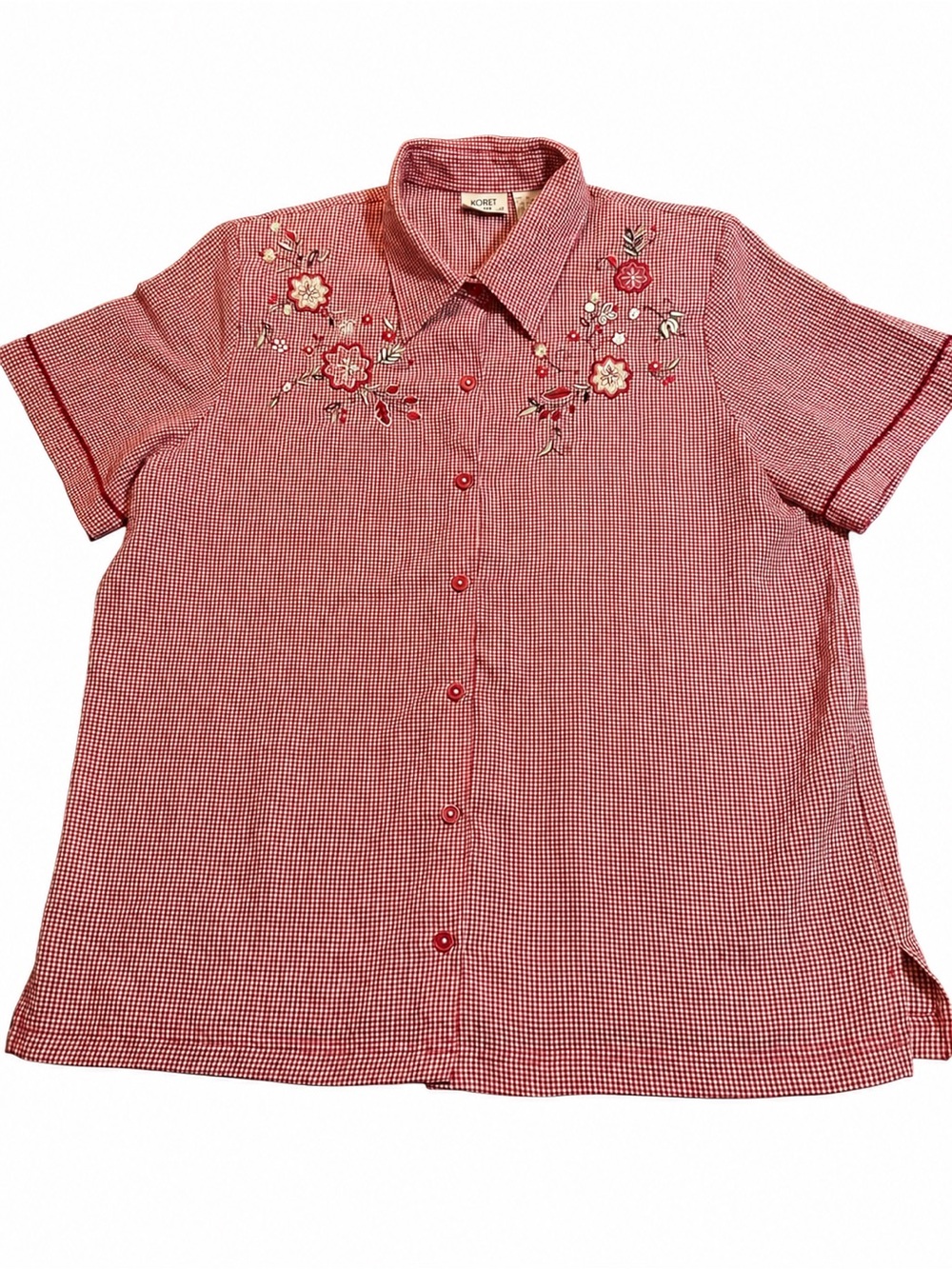 Women’s Large Red Gingham Floral Embroidered Button Down Blouse Cottagecore
